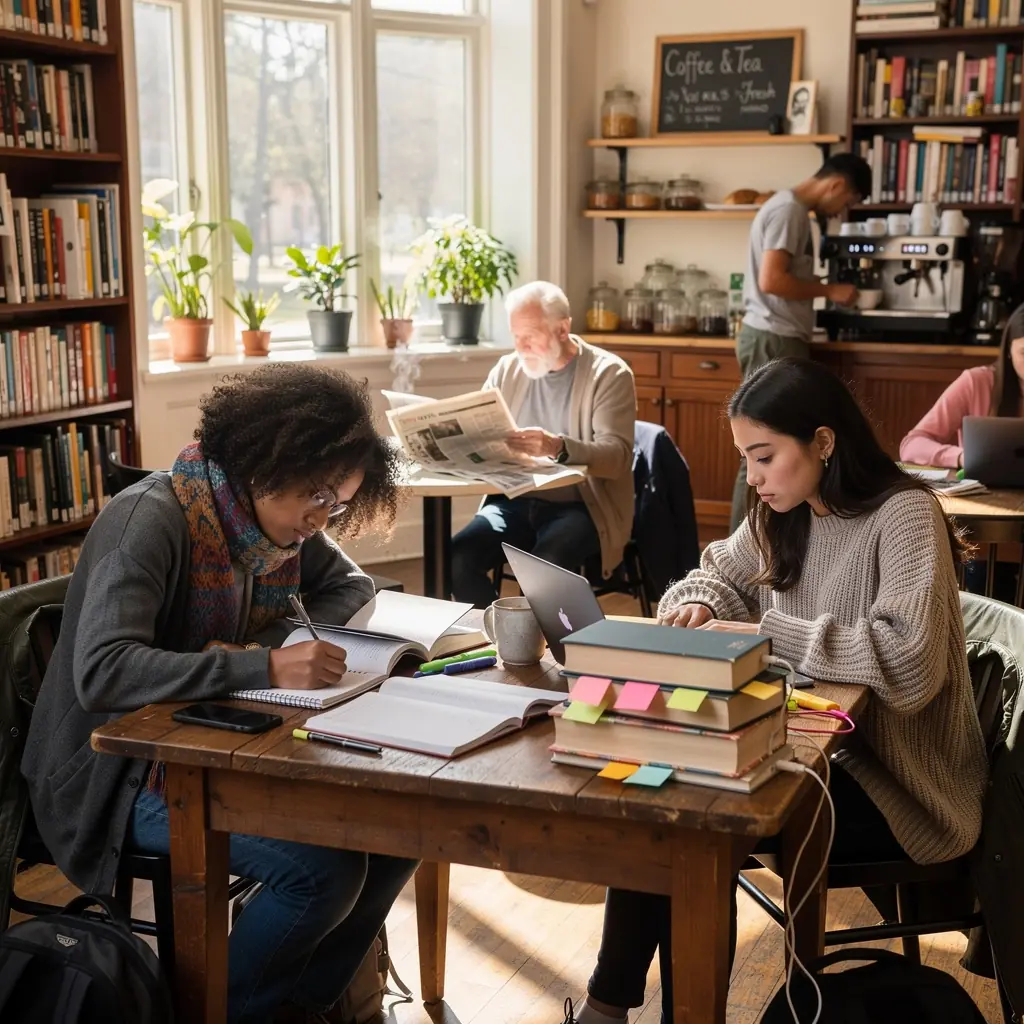 A tranquil study area with a large window allowing natural light to illuminate the tables.