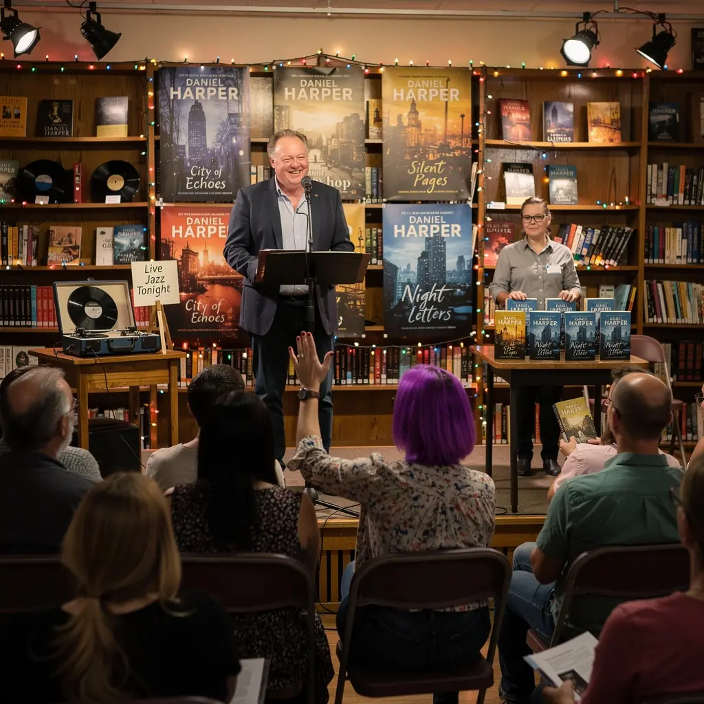 A group of community members gathered for a book club discussion in a bright, inviting space.