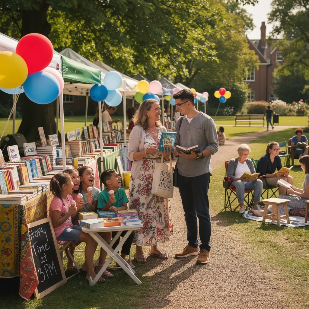 A cozy reading nook in a local bookstore, featuring comfortable chairs surrounded by shelves filled with books and warm lighting.