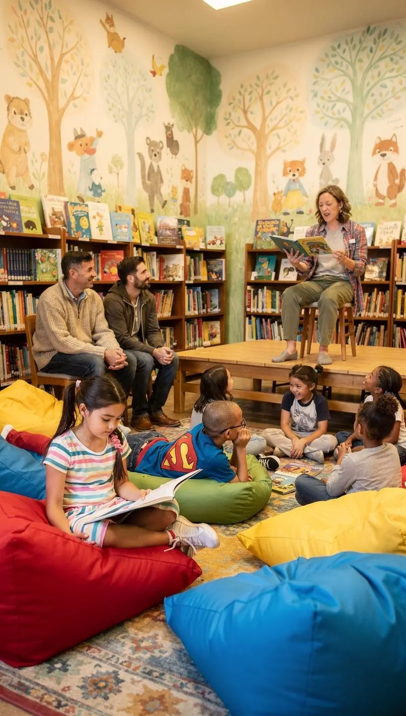 A cozy reading nook with a comfortable armchair surrounded by shelves filled with books.
