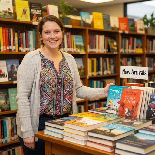 A colorful display of new arrivals and bestsellers at the front of the bookstore, enticing customers.